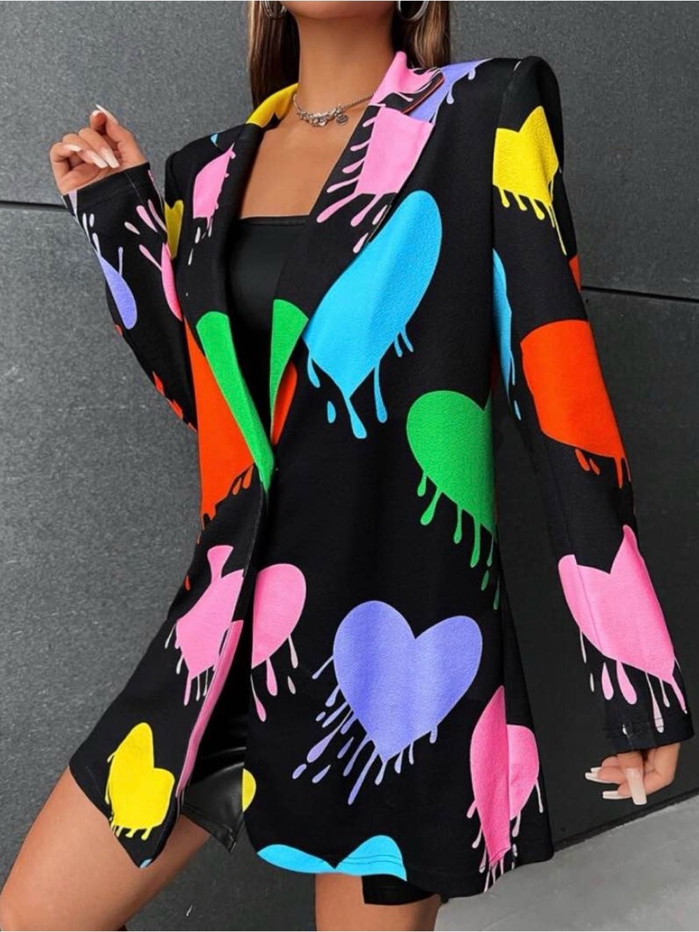 Black Multi-Color Heart Print Blazer Jacket